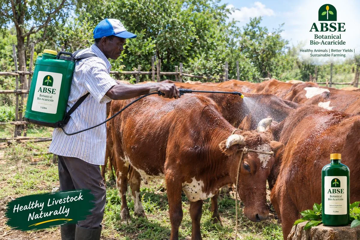 A farmer spraying cattle with a knapsack sprayer carrying the ABSE label